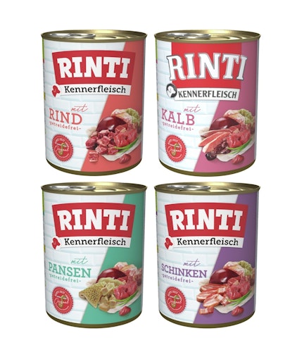 RINTI Kennerfleisch Dose 24 x 400g Mixpaket (Kalb,Pansen,Rind,Schinken)  Hundenassfutter