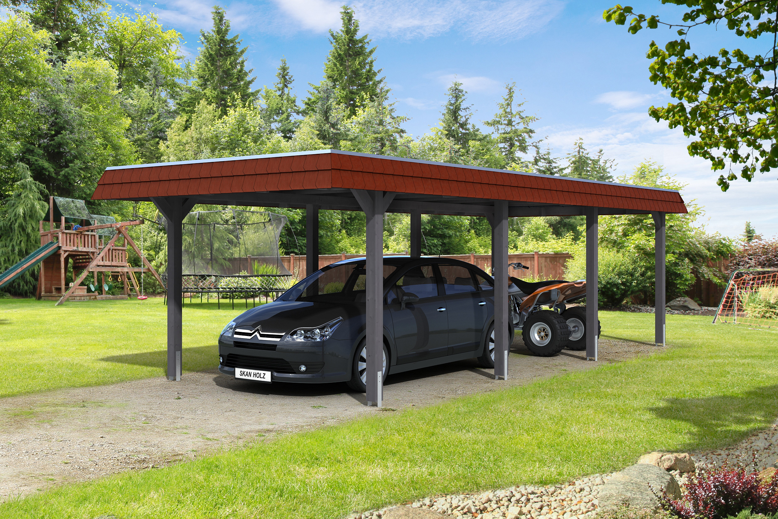 Skan Holz Wendland - Walmdach Carport aus Leimholz Breite 362 cm Holzcarport