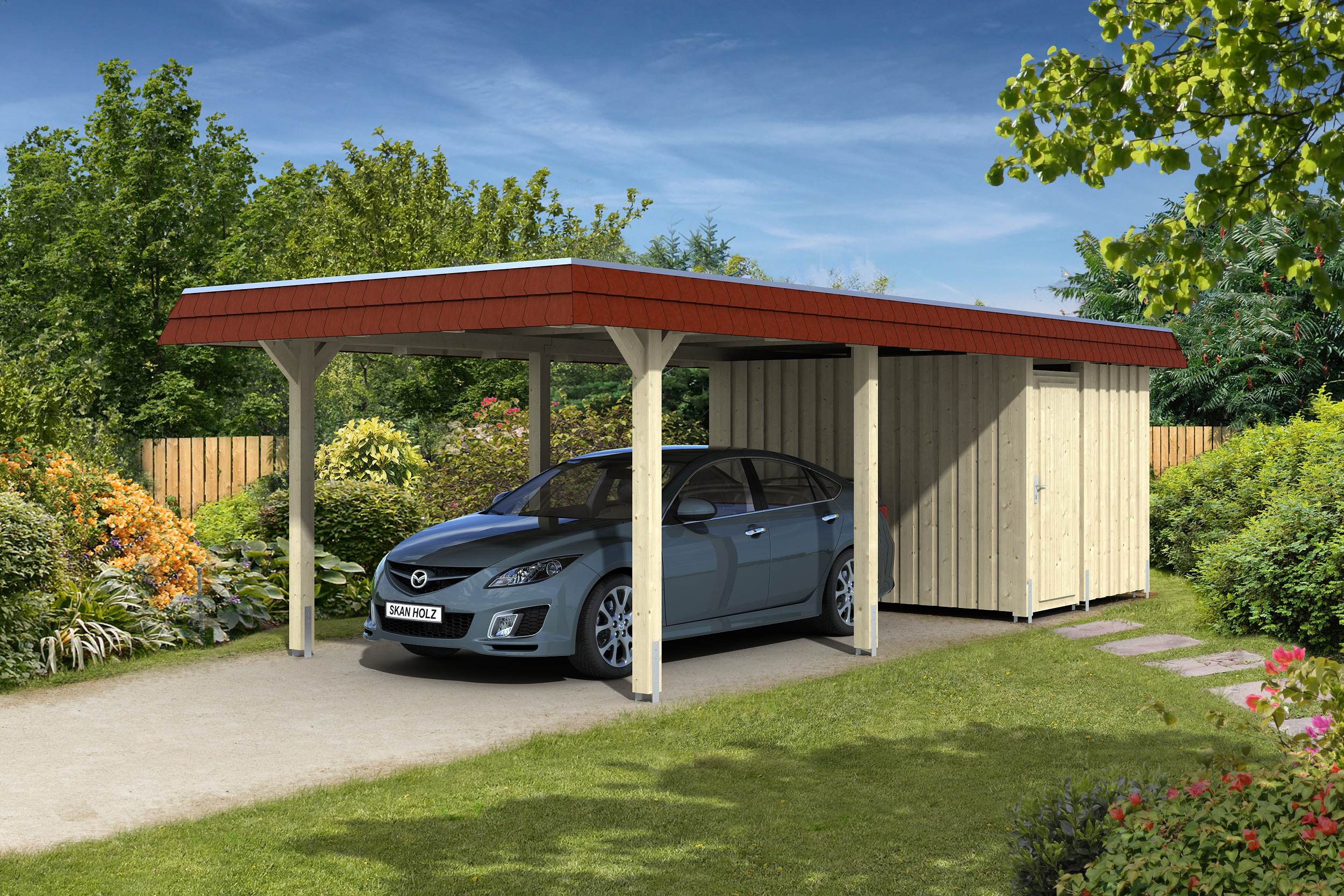 Skan Holz Walmdach Carport Breite 362cm rote Blende mit Abstellraum Holzcarport