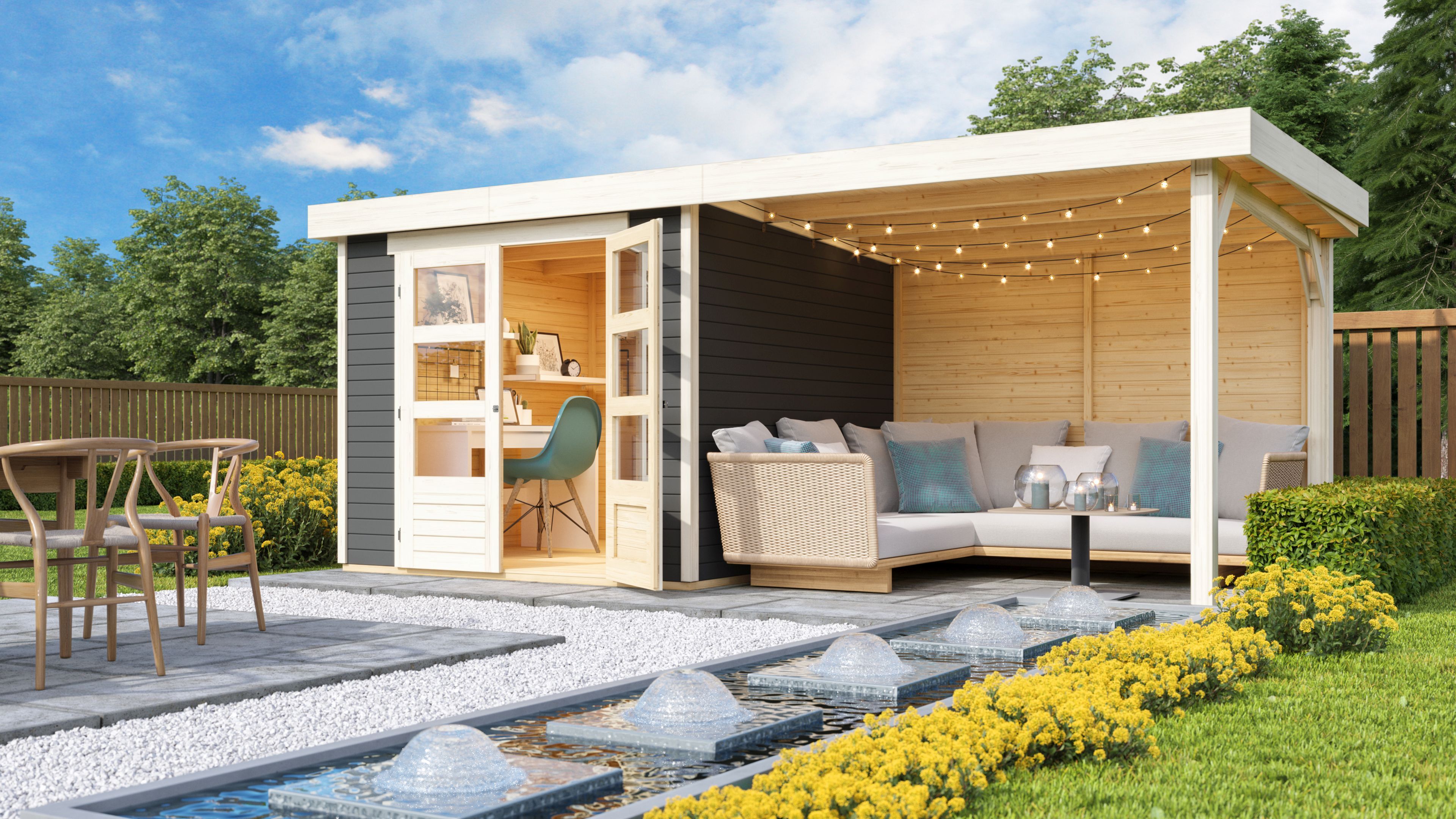 Karibu Woodfeeling Gartenhaus Askola 2/3/3,5/4/5 mit 280 cm Schleppdach + Rückwand inkl. gratis LED-Strahler/Solarpaneel