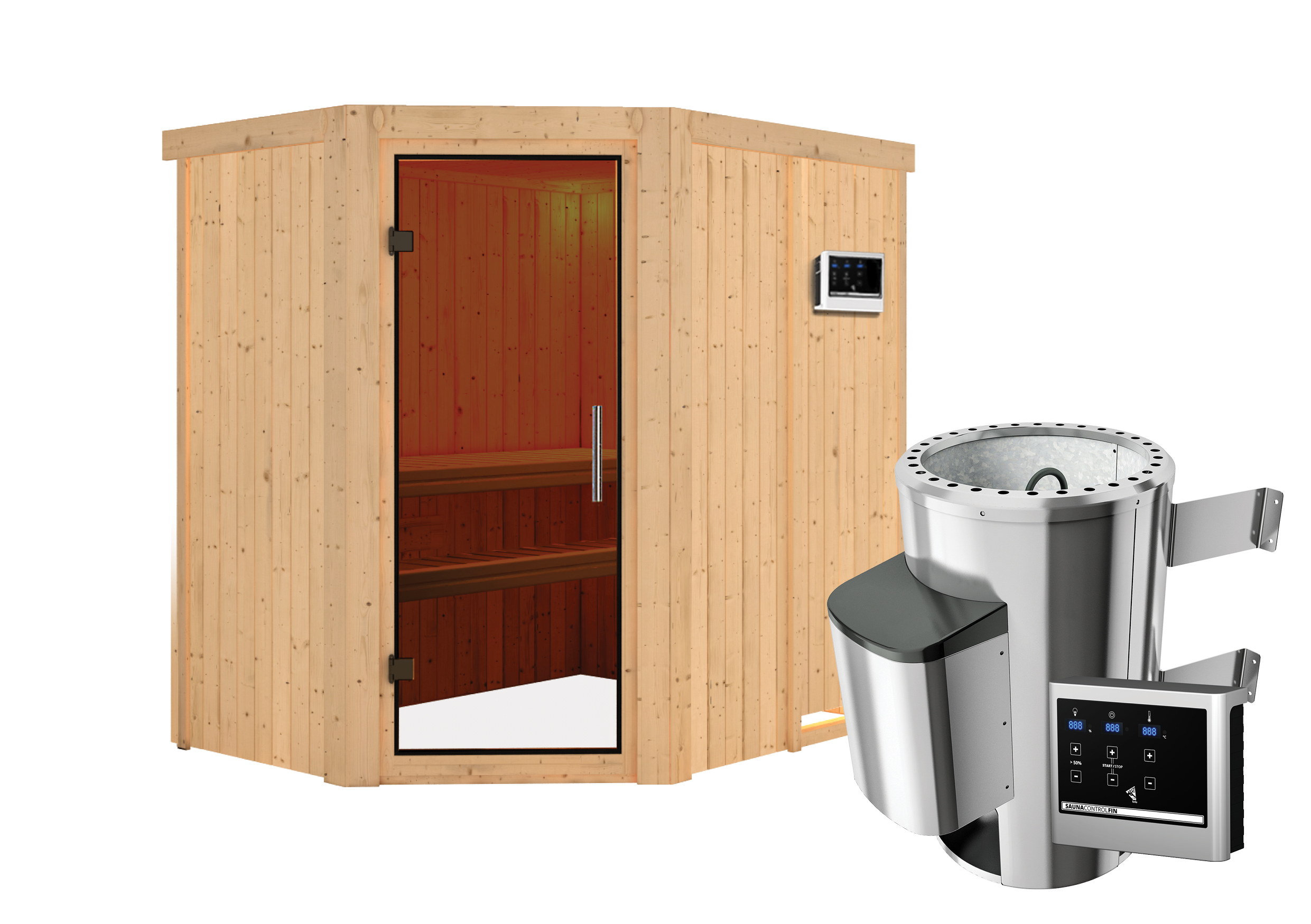 Karibu Sauna Saja - 68 mm Systemsauna - 230 Volt Plug & Play-3,6 kW Plug&Play Ofen mit ext. Steuerung Easy-Ohne Dachkran...