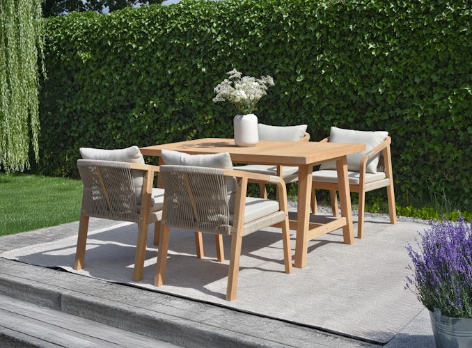 Garden Pleasure Gartenmöbel Set BOGOTA, Tisch 150 x 85 + 4 Sessel, Akazie / Rope Hellgrau / Kissen 100 % Polyester Hellgrau