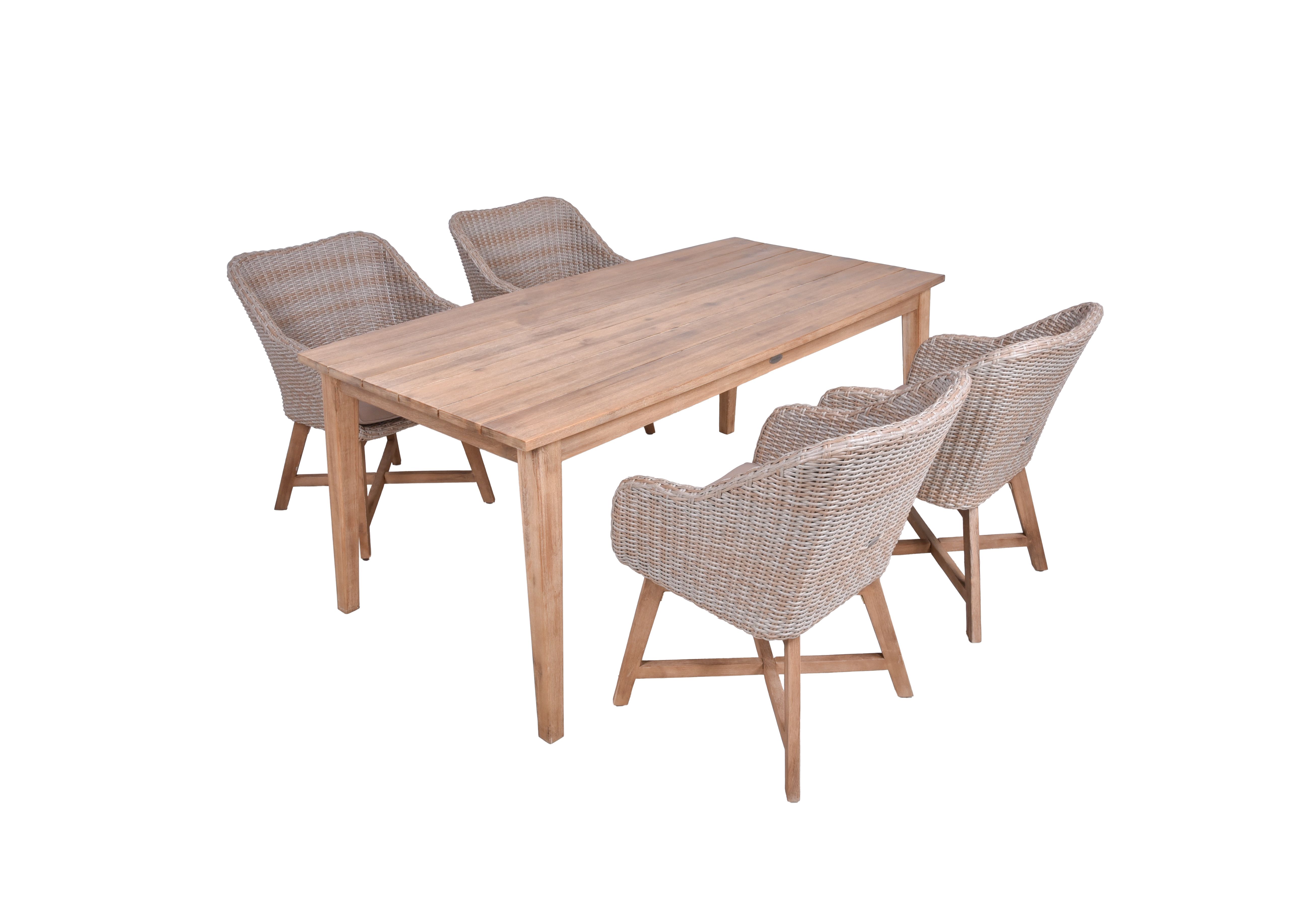 Garden Pleasure Gartenmöbel Set VISALIA / OAKLAND, Tisch 180 x 90 + 4 Sessel, Akazie / Polyrattan Zimtbraun / Kissen 100 % Polyester Taupe