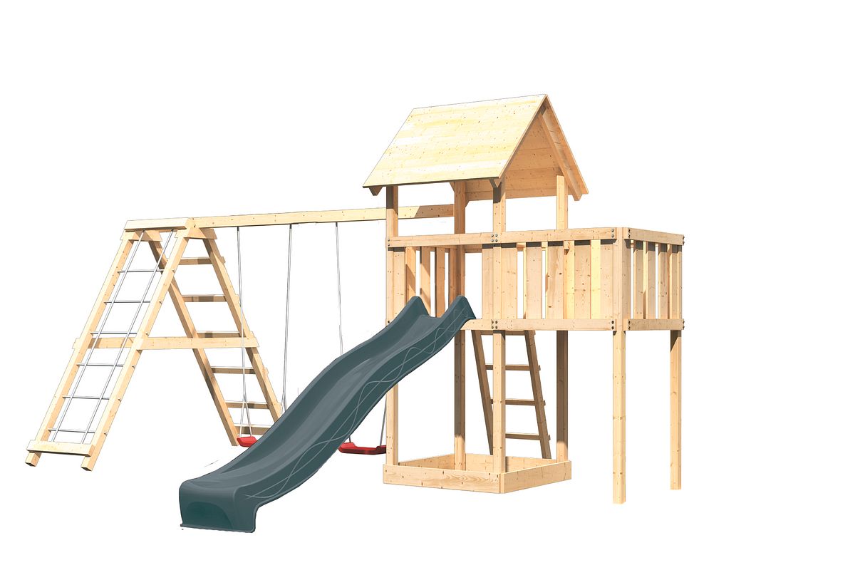 Akubi Kinderspielturm Lotti mit Satteldach inkl. Wellenrutsche anthrazit, Doppelschaukelanbau, Klettergerüst und Anbauplattform