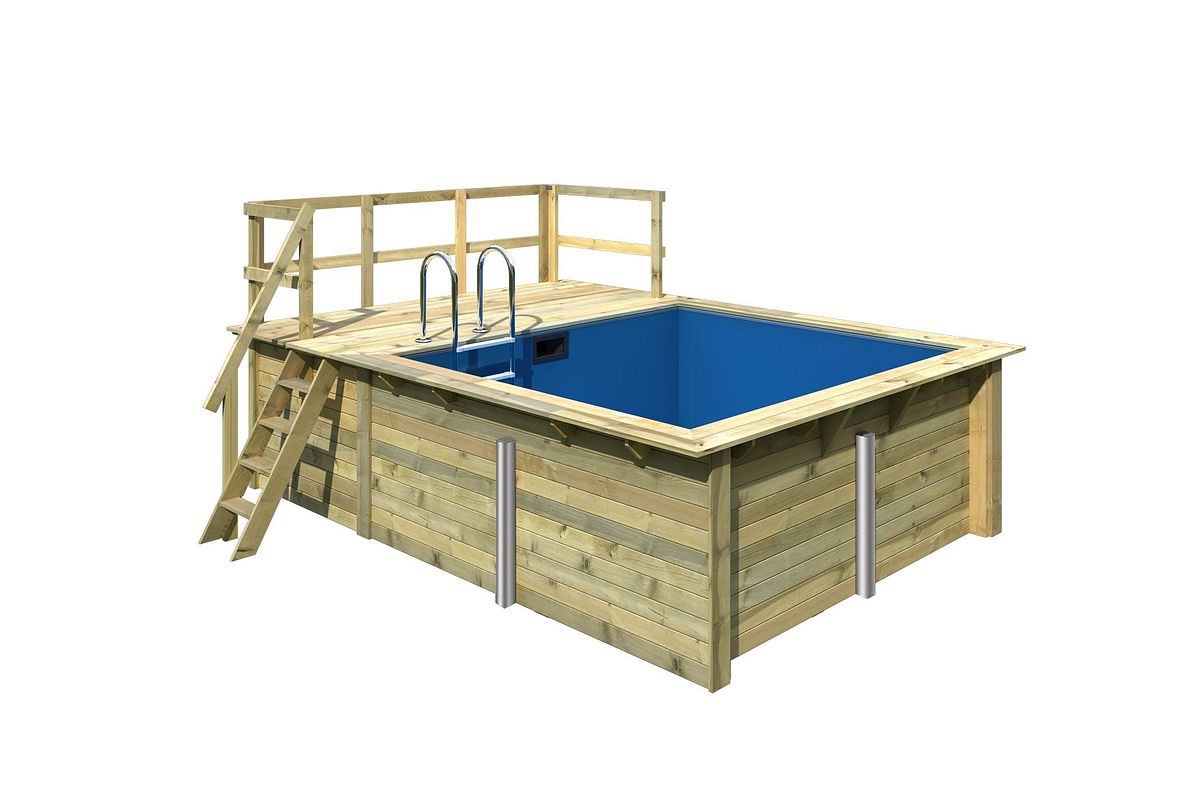 Karibu Rechteck Pool Gr. 1 - 350 x 320 cm - kesseldruckimprägniert Sparset mit Filteranlage Grundkörper inkl. Terrasse am Einstieg