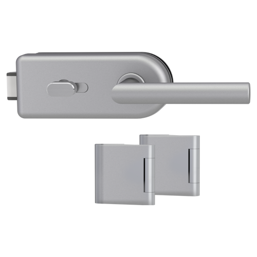 Griffwerk SMILE 1.0 -Alu EV1 Ganzglastürbeschlagset -3-teiliger Bandsatz -mit Griff L-Form -PZ, WC Knaufzylinder Schlossseite