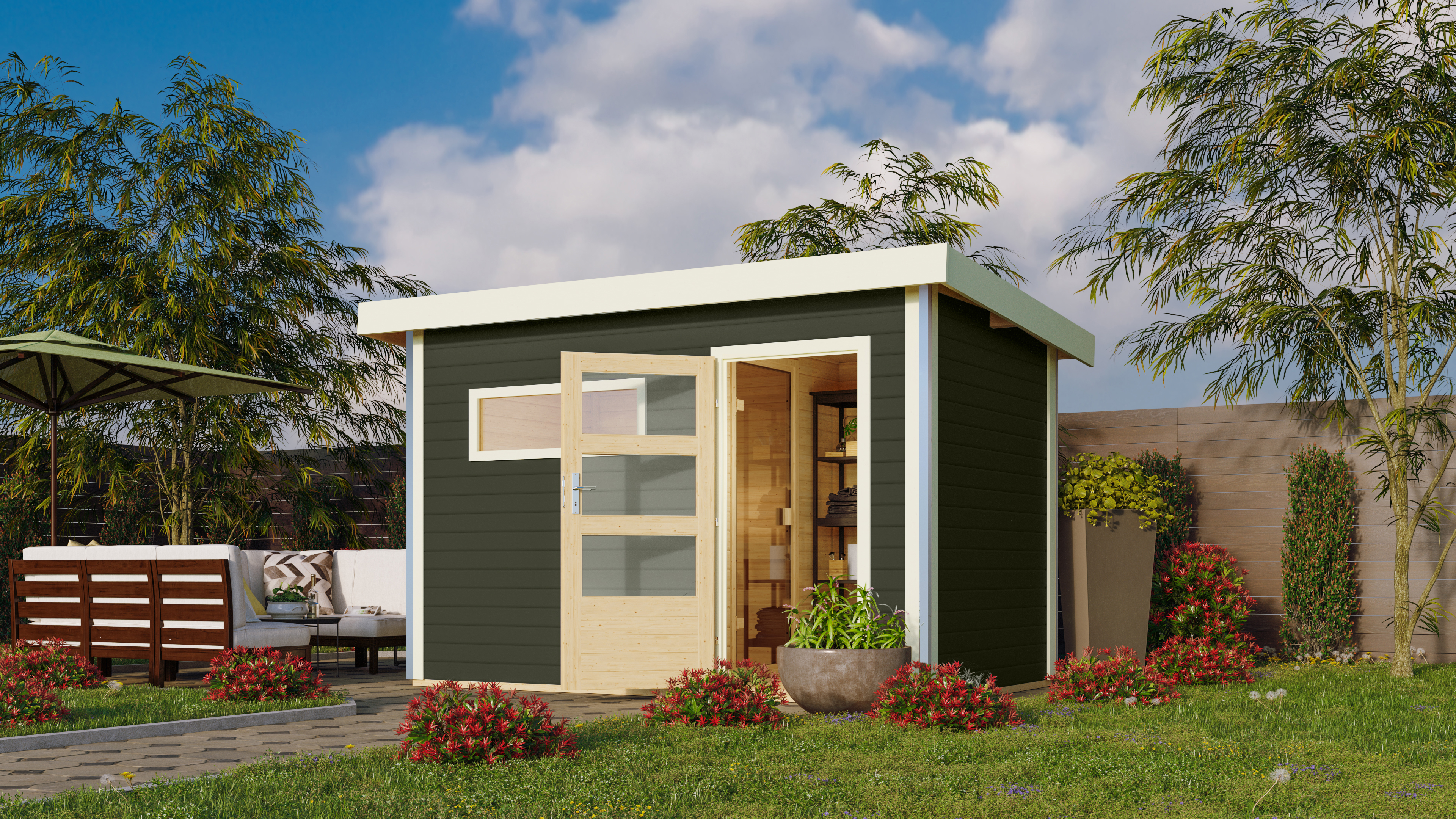 Karibu Gartensauna Pultdach Saunahaus Skrollan 1 mit Vorraum terragrau