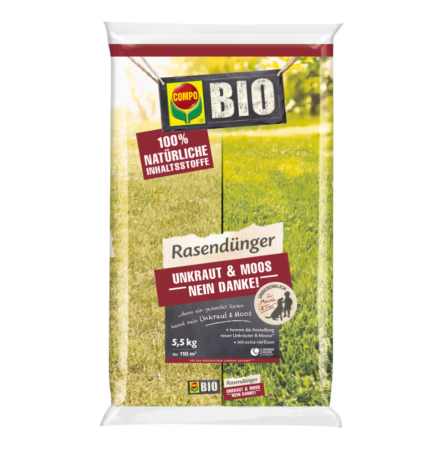 COMPO BIO Rasendünger Unkraut & Moos Nein Danke! 5,5 kg für 110 m²
