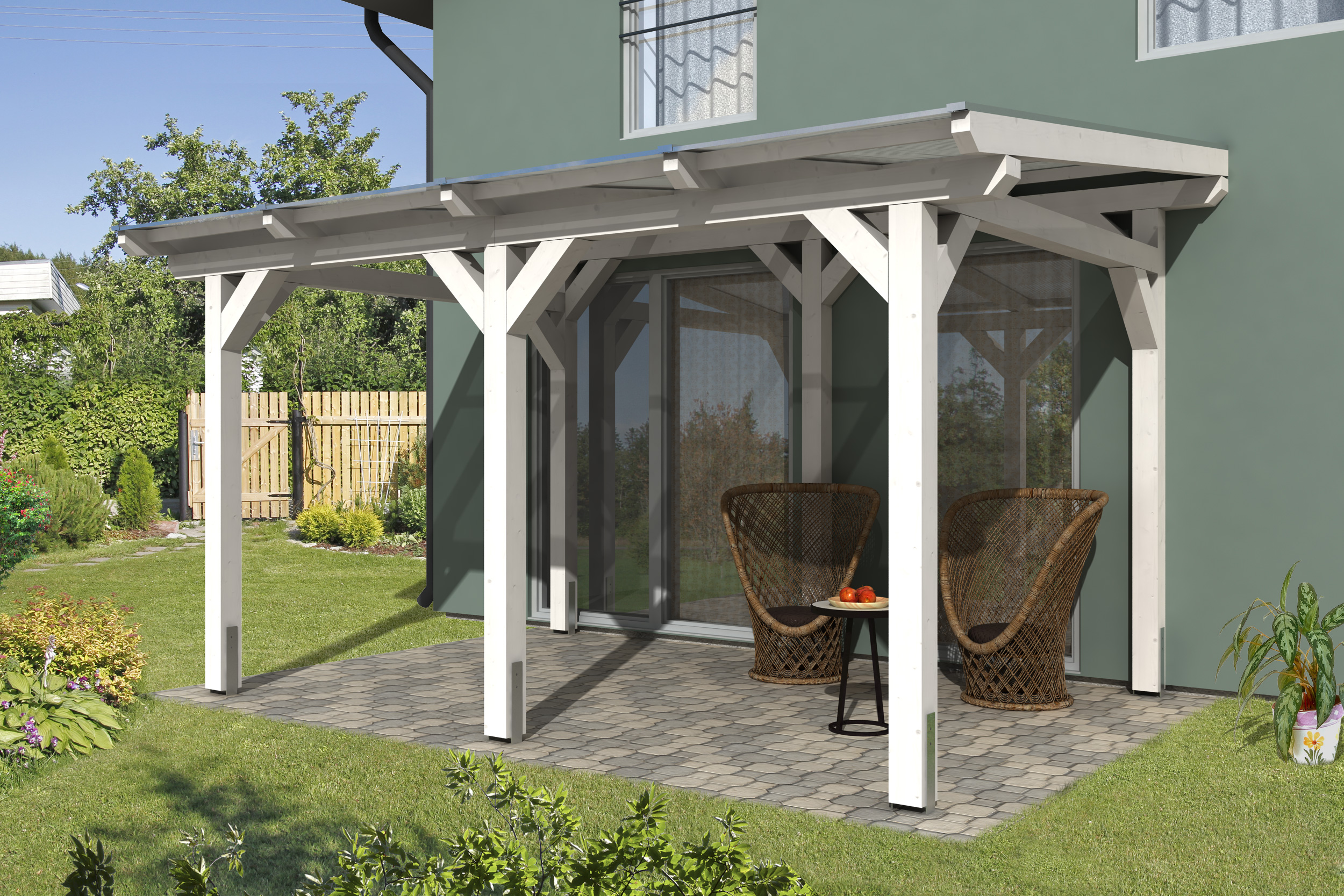 Skan Holz freistehende Terrassenüberdachung Siena 434x350cm weiß