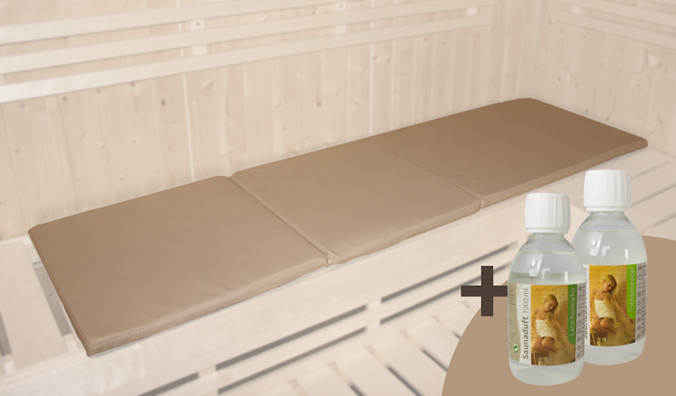 Karibu Sauna Zubehörset bestehend aus Bankauflage 181 x 54 cm & 1x 1000ml Fichte, 1x 1000ml Latsche Aufgusskonzentrate