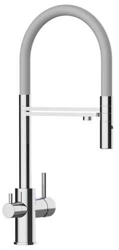 3 Wege Wasserhahn Küchenarmatur, FL, mit 360° schwenkbarem Auslauf, abnehmbare 2 strahl Handbrause, Verchromt / Grau