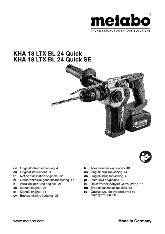 Bedienungsanleitung fÃ¼r Metabo Akku-Kombihammer KHA 18 LTX BL 24 Quick