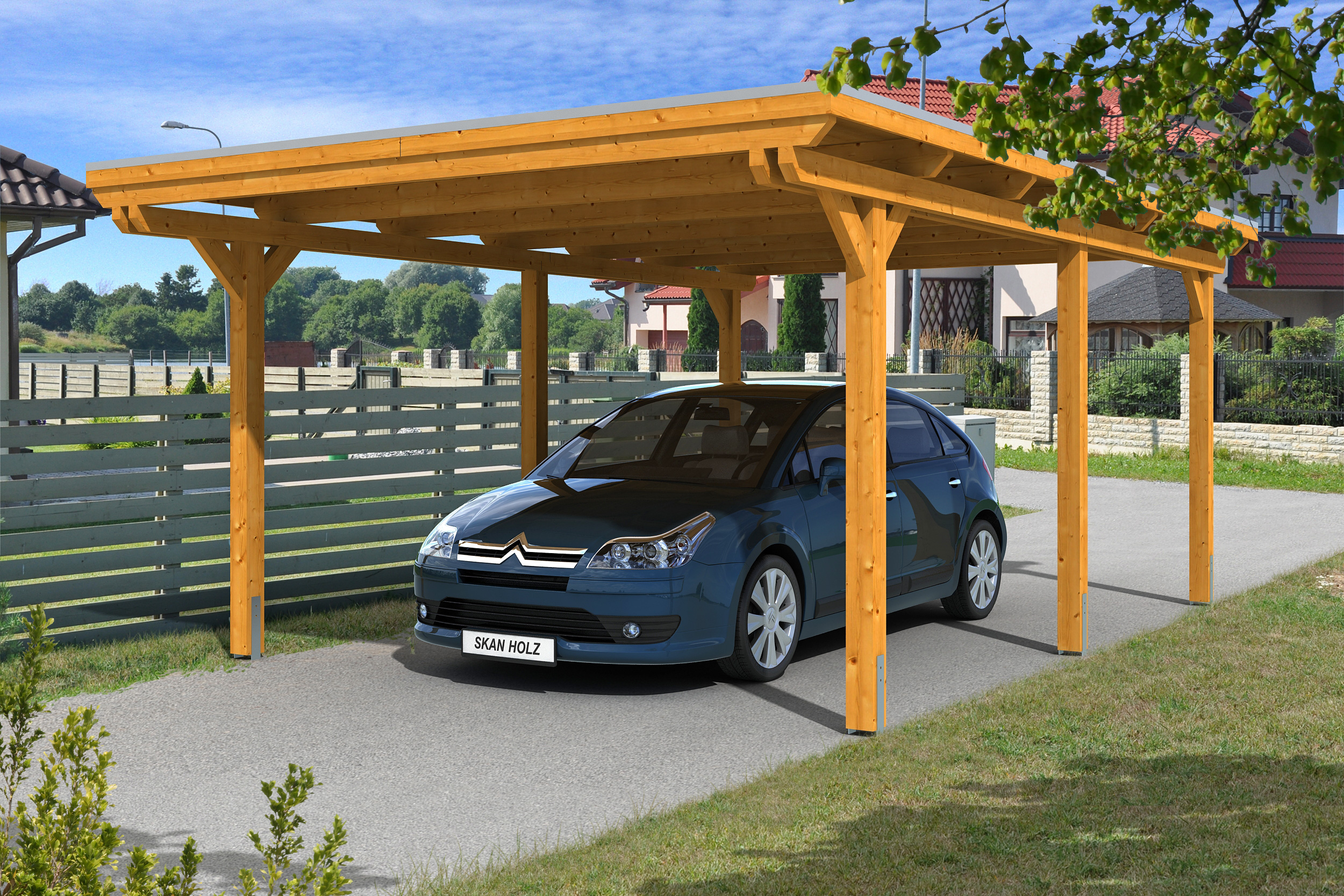Carport Emsland 404x604cm, eiche hell, 20mm Dachschalung mit EPDM Folie Holzcarport