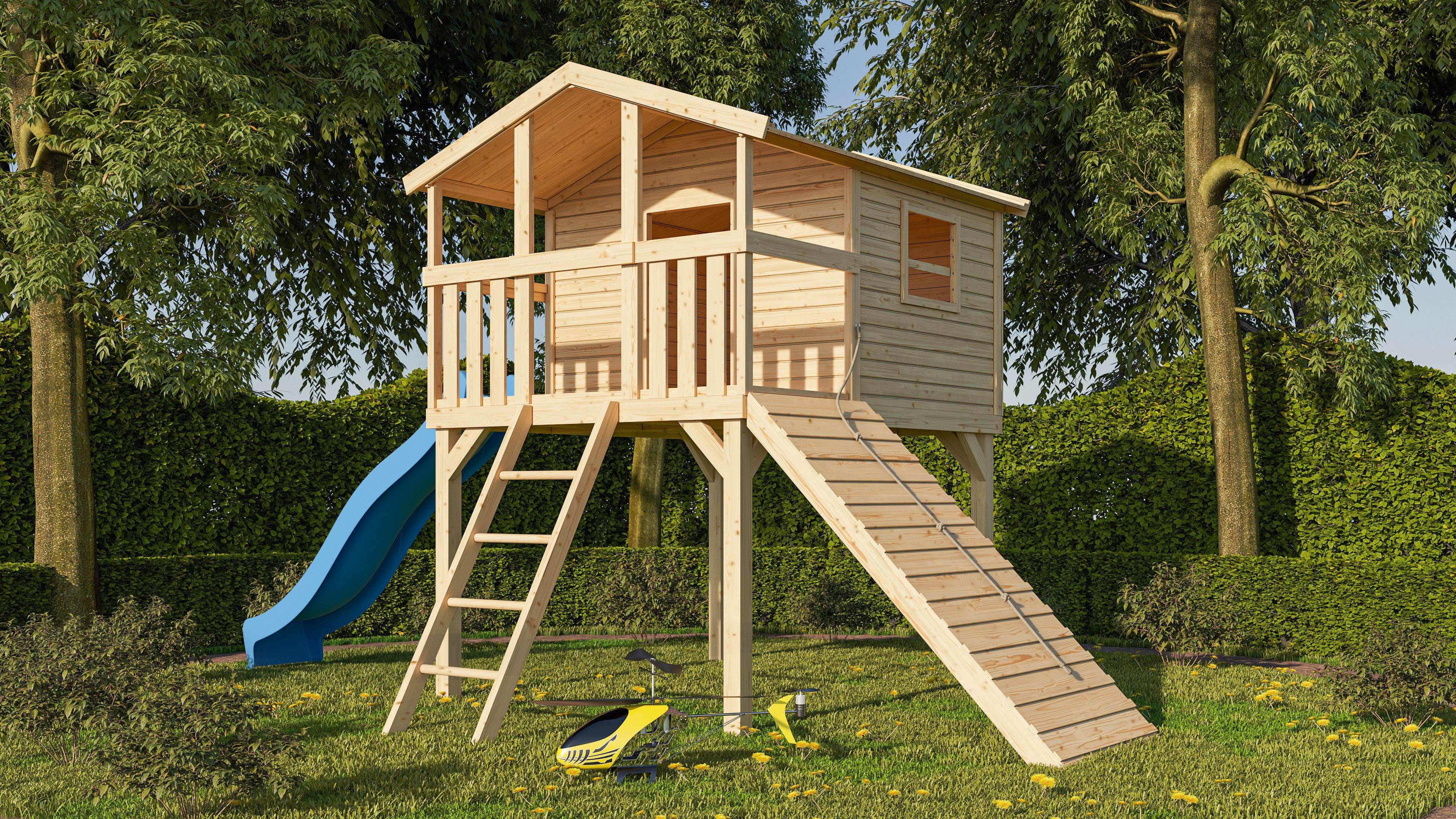 Akubi Stelzenhaus Benjamin mit Rutsche und Holzrampe
