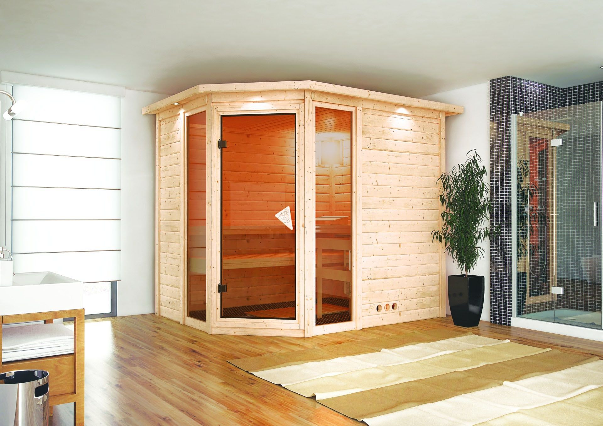 Karibu Sauna Sinai 3 - Massivholzsauna mit Eckeinstieg 38 mm