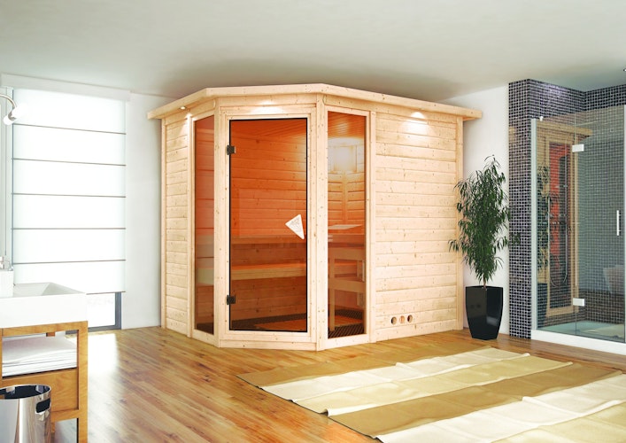 Karibu Sauna Sinai 3 - Massivholzsauna mit Eckeinstieg 38 mm inkl. gratis Sauna-Zubehörset im Wert von 234,94 €