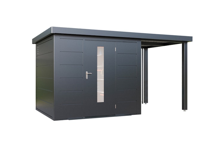 Wolff Finnhaus Premium Metall Gartenhaus Thorin 3924 Anthrazit inkl. 150 cm Anbaudach