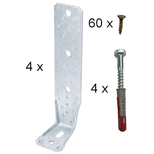 Zubehörset für Gartenhäuser bestehend aus 96 Feuchtigkeitspads und 4 Sturmwinkeln inkl. Befestigungsmaterial