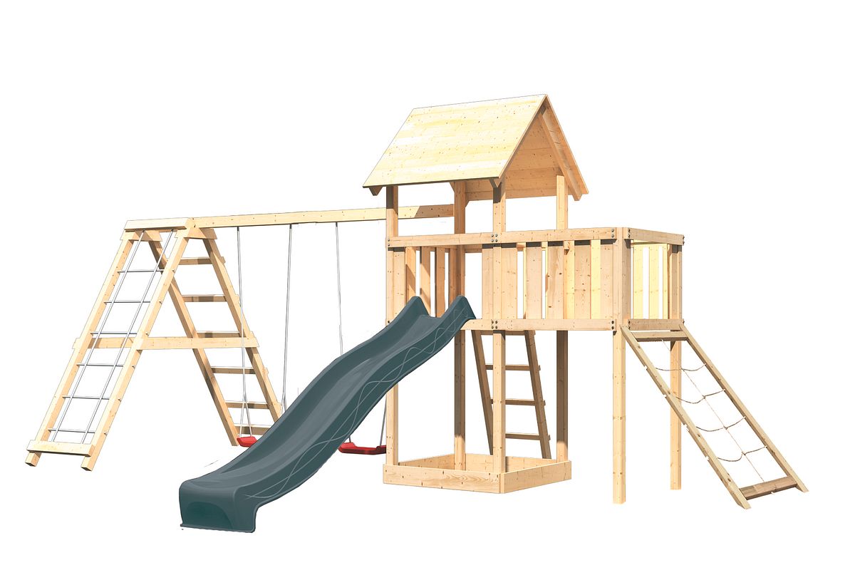 Akubi Kinderspielturm Lotti mit Satteldach inkl. Wellenrutsche anthrazit, Doppelschaukelanbau, Klettergerüst, Anbauplattform und Netzrampe