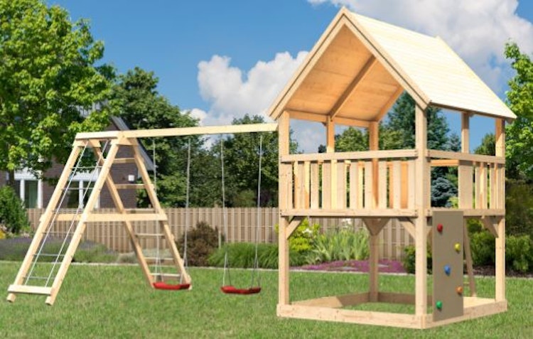 Akubi Kinderspielturm Luis mit Doppelschaukelklettergrüst inkl. Kletterwand