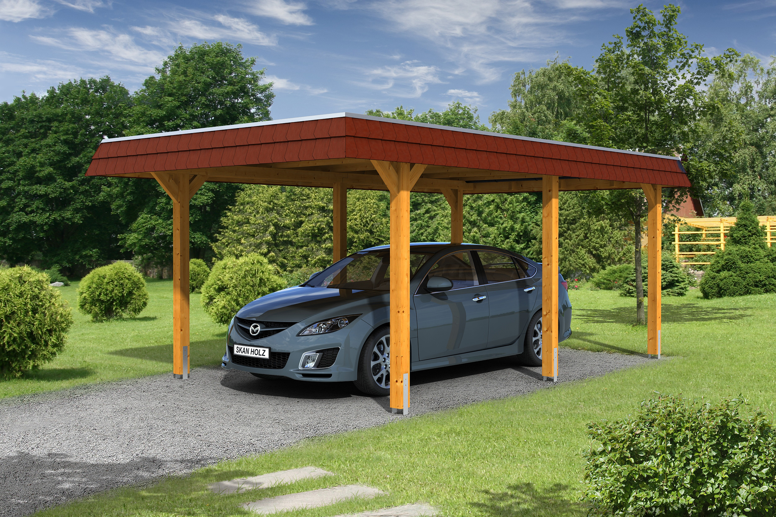 Skan Holz Walmdach Carport 362cm rote Blende Gr 1 eiche hell Holzcarport