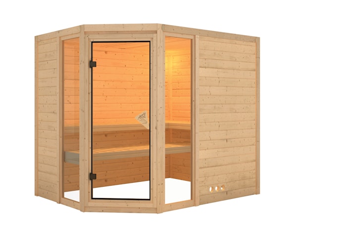 Karibu Sauna Sinai 3 - Massivholzsauna mit Eckeinstieg 38 mm inkl. gratis Sauna-Zubehörset im Wert von 234,94 €