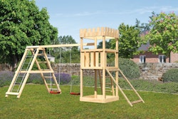 Akubi Kinderspielturm Ritterburg Löwenherz inkl. Doppelschaukelanbau mit Klettergerüst und Netzrampe