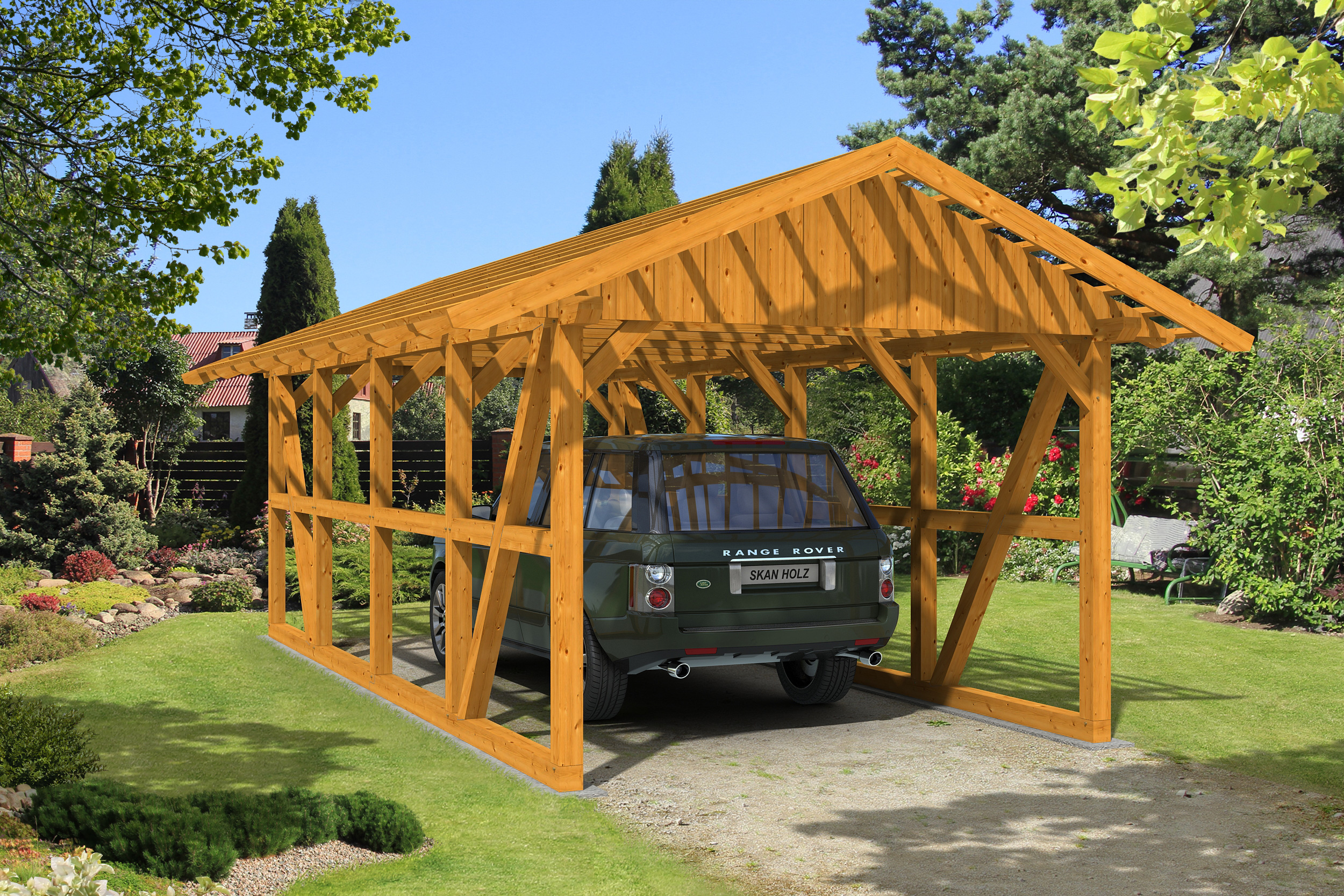 Skan Holz Schwarzwald Einzel 424x772cm Dachlattung eiche hell mit Rückwand Holzcarport