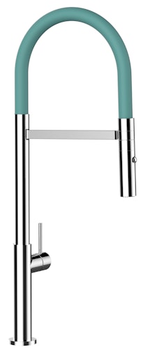 Minimalistischer Wasserhahn Küchenarmatur, TECNO, mit 360° schwenkbarem Auslauf, abnehmbare 2 strahl Handbrause, Verchromt / Türkis