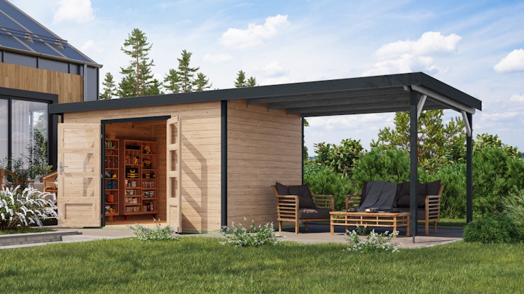 Karibu Metall-Holzgartenhaus Hybridhaus Pluto A/B - 28 mm/0,5 mm