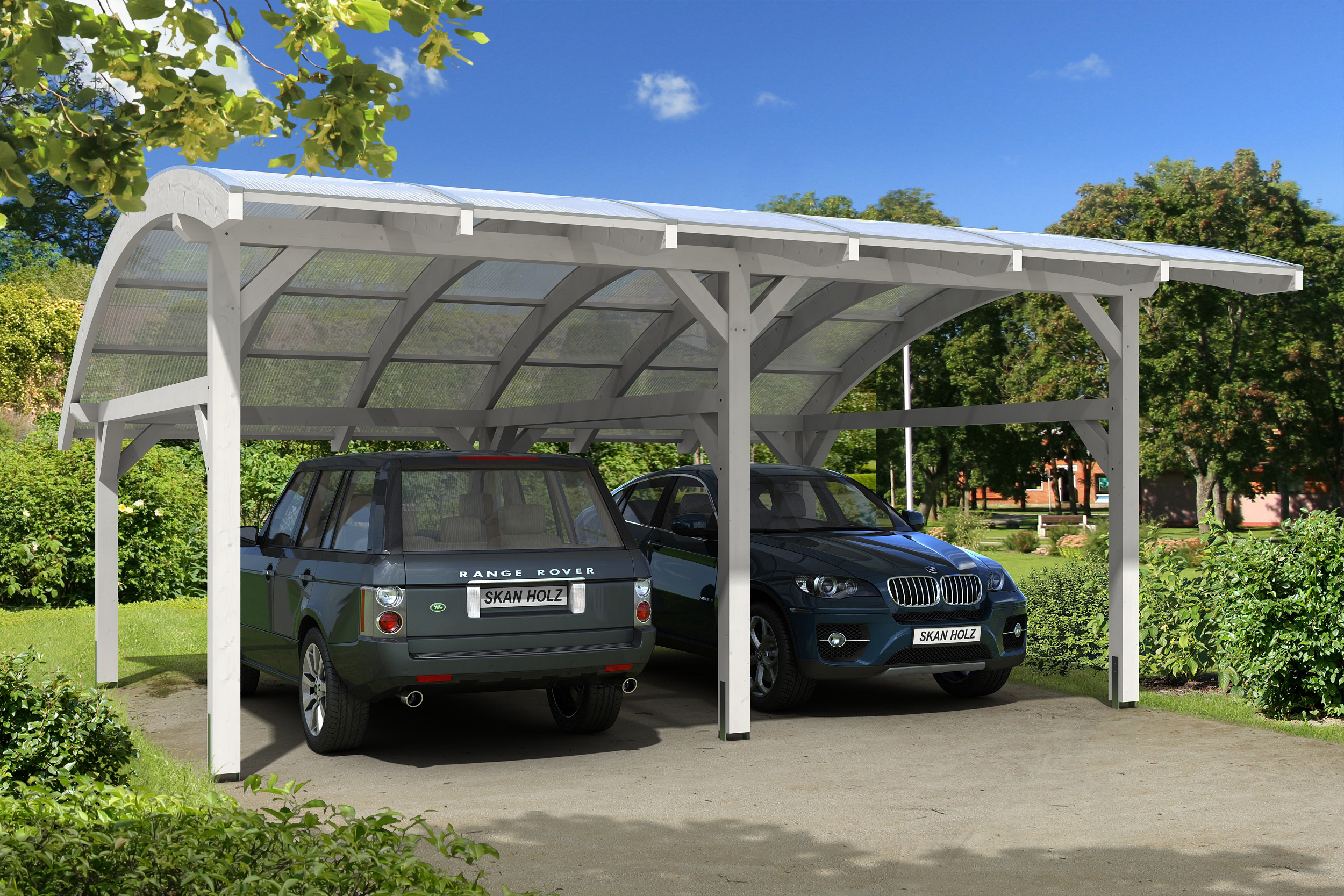 Skan Holz Schwaben Doppelcarport Breite 630cm weiss Holzcarport