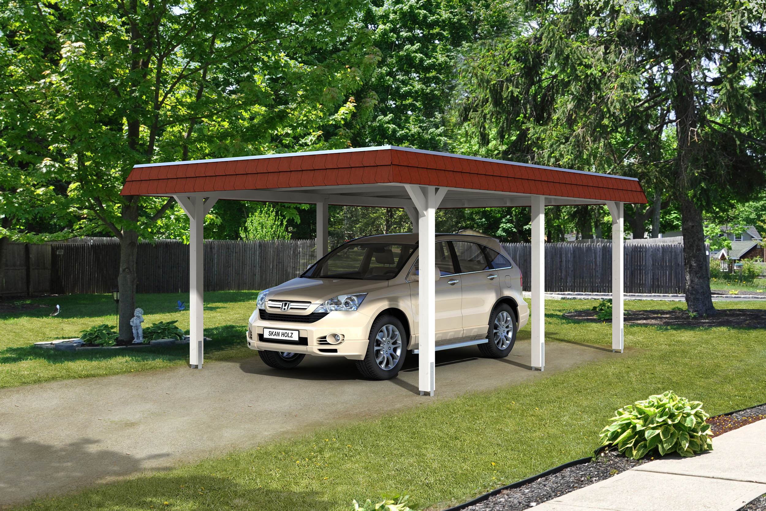 Carport Wendland 409x628 rote Blende, weiß, 20mm Dachschalung mit EPDM Folie Holzcarport